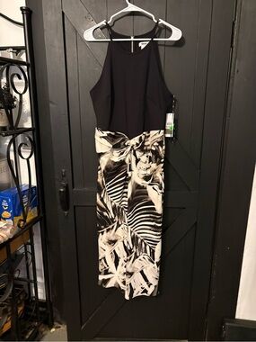 DKNY Black and Cream Halter Maxi Dress with Abstract Leaf Print